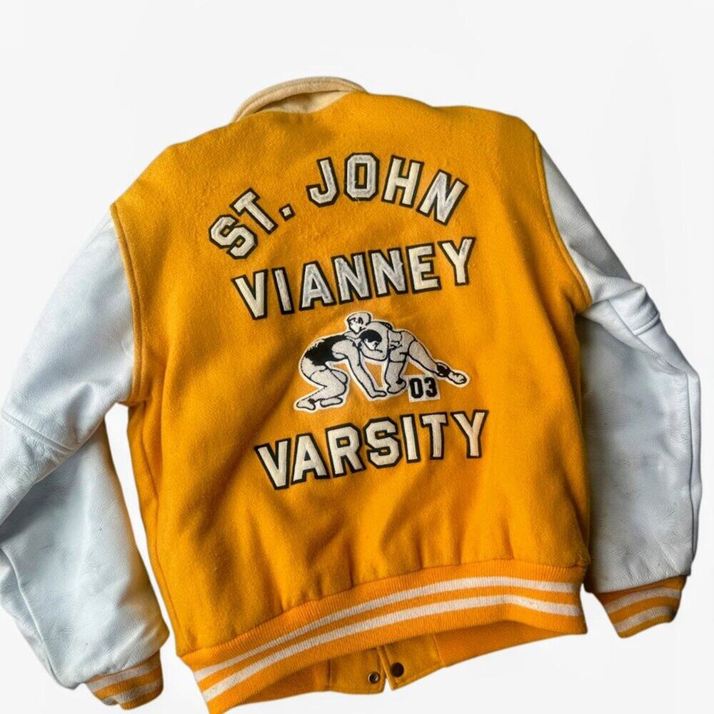 Vintage 1960s Varsity Letterman Jacket Wrestling St John Vianney Wool Leather US